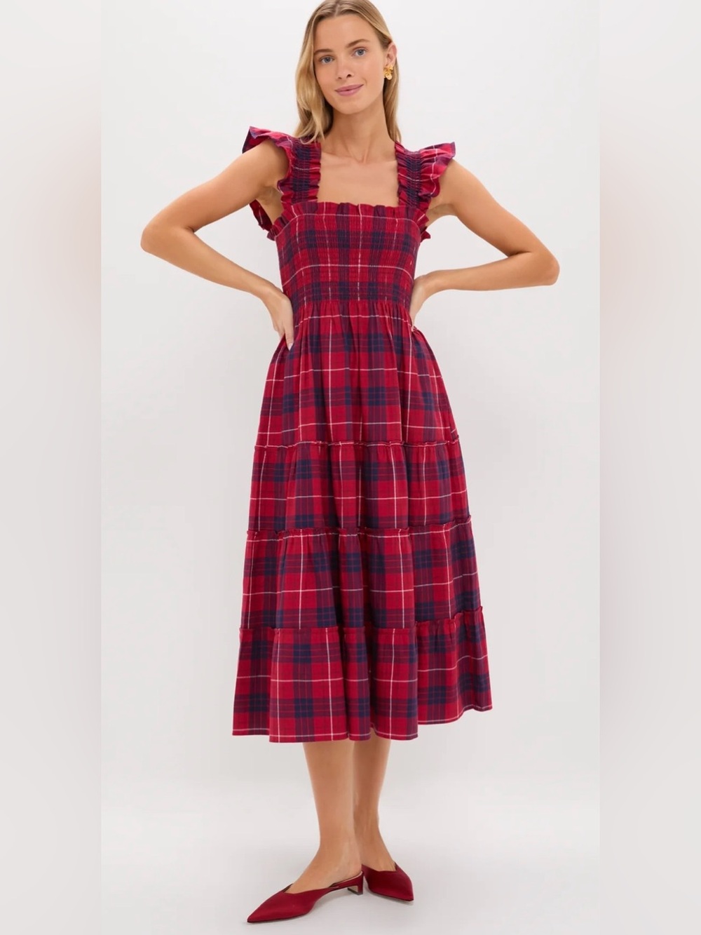 Hill House Ellie The Nap Dress Cherry Tartan Plaid Midi 100% Cotton Size Small